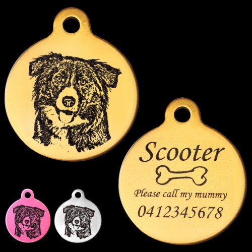 Border Collie Engraved 31mm Large Round Pet Dog ID Tag